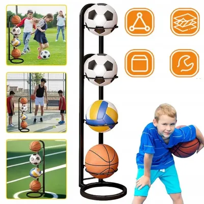 Obrázok produktu pre Regál na uskladnenie lôpt – kovový stojan s 4 policami – vertikálny držiak na lopty – pre basketbal, futbal, volejbal – organizér športového vybavenia – čierna farba