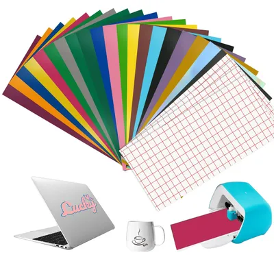 Produktbild von Selbstklebende Plotterfolie - 20 Stück Vinyl und 4 Transferfolien - für Bastelarbeiten - 14 x 30,5 cm