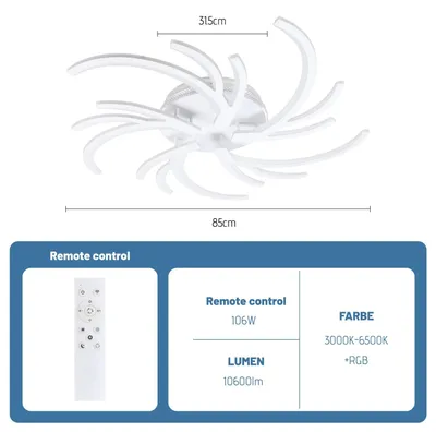 Obrázek produktu pro LED stropní svítidlo – stropní lampa – 5 žárovek – 110 W – 85 x 85 cm – stmívatelné pomocí dálkového ovladače – RGB podsvícení – bílá