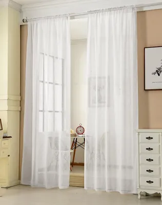 Image de Rideaux de fenêtre transparents à plis, aspect lin, couleur blanche, dimensions : 140 x 145 cm