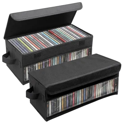 Image de Boîte de rangement pour CD, empilable, lot de 2, pour 64 CD, avec poignées