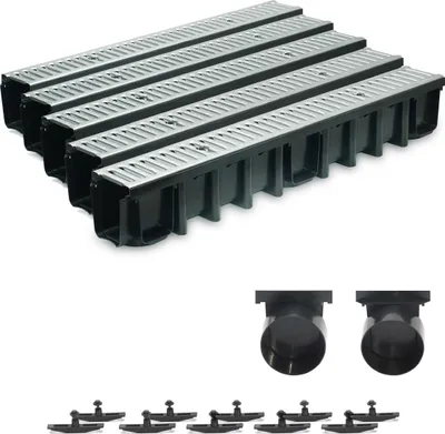 A set of drainage channels with metal grates and some accessories.