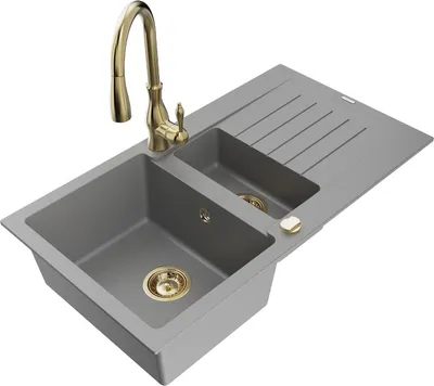 Produktbild von Mexen Matias 1,5-Becken-Granitspüle mit Abtropffläche und Mischbatterie Savita, Grau - 6502-71-672601-50