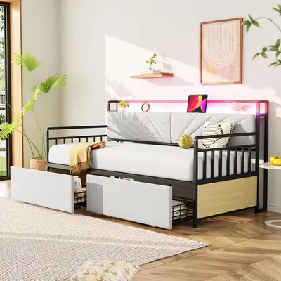 Produktbild von Fortuna Lai Eisenbettsofa 90*200 cm, mit LED-Beleuchtung und Ablagen, mit Schubladen und Multifunktionssteckdosen, Eiseneinzelbett, Jugendbett, Beige