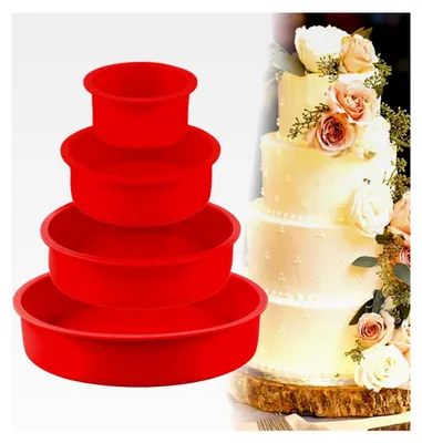 Produktbild von 4 Stück Silikon Backformen rund, Set mit Kuchenformen, 10 cm, 15 cm, 20 cm, 25 cm, antihaftbeschichtet, für Kuchen und Käsekuchen (Rot)