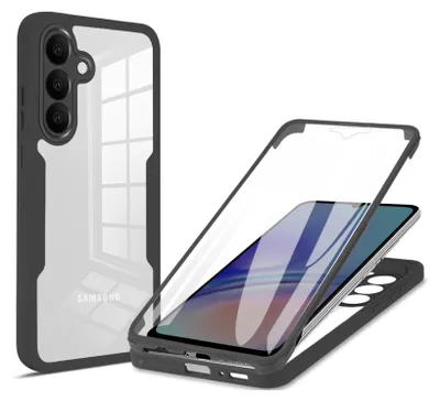A clear product shot of a phone case with an integrated screen protector, shown in two configurations: one assembled on a phone and one disassembled.