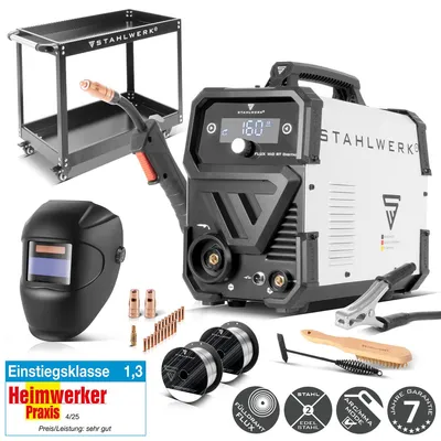 Produktbild von STAHLWERK Schweißgerät FLUX 160 ST Digital – Vollausstattung mit Gerätewagen – 3-in-1 Kombi mit 160 A, ohne Schutzgas, MMA (E-Hand/ARC), Lift-TIG (DC), KI-generiertes Bild