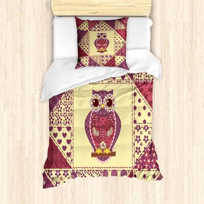 Produktbild von ABAKUHAUS Eule Mantele, Nocturnal Tiermuster, Milbensicher Allergiker geeignet mit Kissenbezügen, 135 cm x 200 cm - 80 x 80 cm, Lila, Rosa, Gelb