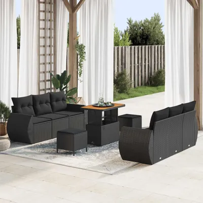 Immagine prodotto di Set da giardino composto da 9 pezzi, con 6 posti a sedere, in rattan sintetico nero
