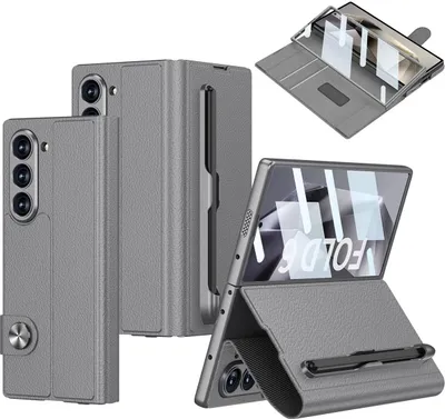 Obrázek produktu pro Pouzdro pro Samsung Galaxy Z Fold 6 Kožené kryt s ochranou displeje, stojánkem, kapsou na karty, magnetickým uzávěrem a držákem na pero šedé