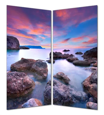 Produktbild von Wallario selbstklebende Duschrückwand 160 x 200 cm mit Motiv Seelandschaft in blau und rot mit großen Felsen - Wandverkleidung mit Hochglanzlaminat in Glasoptik