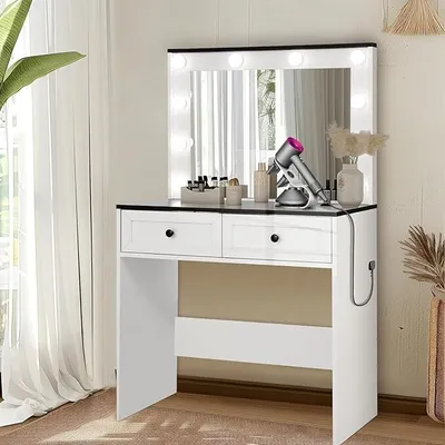 Produktbild von Schminktisch mit Steckdosen, 80x40x135 cm, Frisiertisch mit Spiegel und 2 Schubladen, einstellbare Helligkeit, weiß