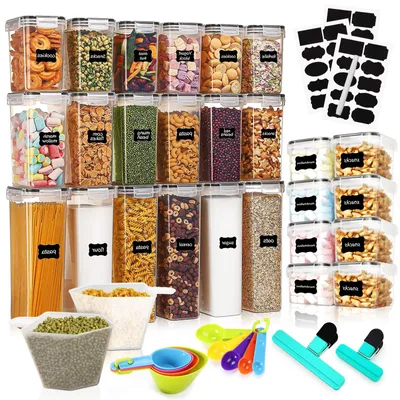 Produktbild von Küchenaufbewahrungsbox, 26-teilig, luftdicht, aus Kunststoff, versiegelt, mit Deckel, mit Etikett, Messlöffel, Messbecher, für Frühstücksflocken, Nudeln, Mehl, Zucker usw.