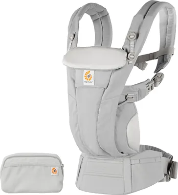 A grey Ergobaby Omni Dream baby carrier and a small grey pouch are shown against a white background.