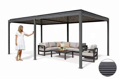 Produktbild von Corciano Bioklimatische Alu-Pergola 3x6m mit Lamellendach | Integrierter Wasserablauf | Handkurbel | Wetterfest & Rostfrei | Anthrazit