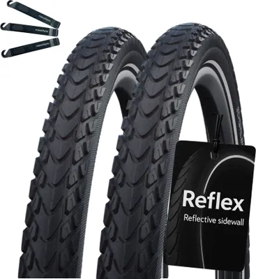 Produktbild von 2 x Schwalbe Marathon Mondial Performance Line Fahrradreifen RaceGuard E-50 Schwarz/Reflex 57-622 (28 x 2.25") inkl. maxxi4you Reifenheber