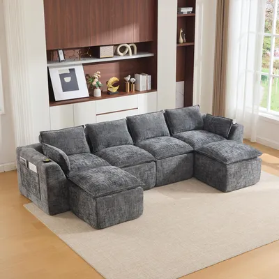 Produktbild von okwish 4-Sitzer-Sofa Ecksofa mit zwei Fußhocker, Wohnzimmersofa mit Kissen und Getränkehalter, Schlafsofa mit Seitentaschen,Chenille,Dunkelgrau