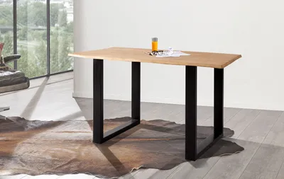 Produktbild von Baumkantentisch Rubberwood massiv naturfarben 140 x 80 cm U-Gestell schwarz MAILO