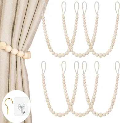 Produktbild von Raffhalter für Vorhänge aus Holzperlen, 6er-Set für dünne oder dicke Fenstervorhänge, Raffhalter für Vorhänge im Boho-Farmhouse-Stil mit Haken, Raffhalter für Vorhänge als Dekoration für das Homeoffice