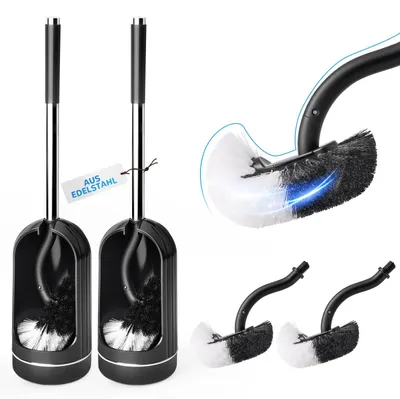Produktbild von 2er-Set Toilettenbürsten mit Halter, inklusive Randreiniger und 4 gebogenen Bürstenköpfen – Tiefenreiniger für Bad, Toilette und Wohnmobil – Edelstahl-Toilettenbürste mit harten Borsten – Schwarz
