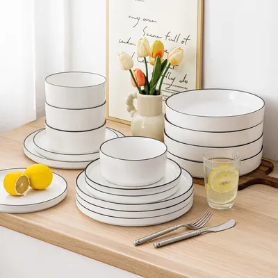 Image de MALACASA, 32 pcs. service de table en porcelaine avec bordure noire, service combiné avec assiette, assiette à dessert, assiette creuse, bol