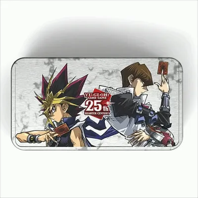 A tin box featuring artwork of Yu-Gi-Oh! characters Yugi Muto and Seto Kaiba, with the Yu-Gi-Oh! Card Game 25th Quarter Century logo.