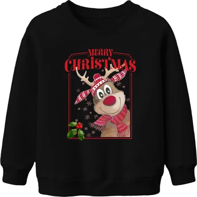 Produktbild von Merry Christmas Rentier Rudolf - Weihnachten Weihnachtsgeschenk Christmas Uni Kinder Weihnachtspullover, Schwarz, 116