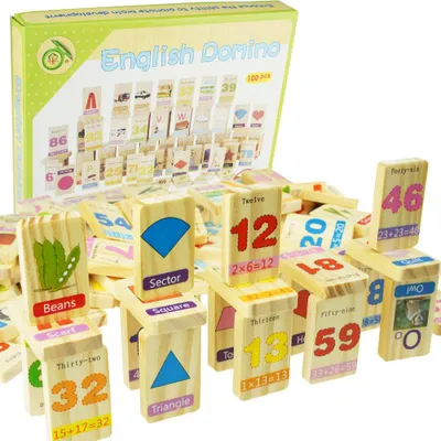 Obrázek produktu pro Dřevěné domino s obrázky, 100 kostek, vzdělávací hodnota