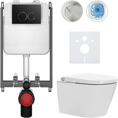 Productafbeelding van Hangtoilet met bidet, Cronus Standard - wit, glanzend - bedieningsknop Prime/Dualo, zwart - voor inbouw - 59,3 x 38,4 cm