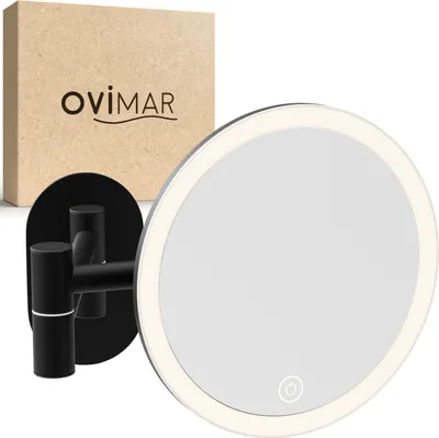 Produktbild von ovimar Kosmetikspiegel Leinoya | mit Beleuchtung | wiederaufladbar | Wandmontage ohne Bohren | im Badezimmer | 5fach Vergrößerungsspiegel | Schminkspiegel mit Licht | 360 Grad Spiegel