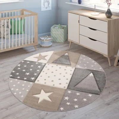 Produktbild von Paco Home Kinderteppich Teppich Kinderzimmer Junge Mädchen Pastell 3D Effekt Punkte Sterne 200 cm rund