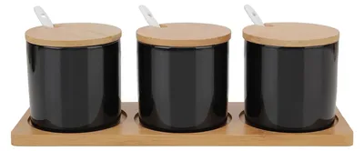Immagine prodotto di Omgoods - Set di 3 contenitori per zucchero in Vetroceramica con coperchio in legno e cucchiaino