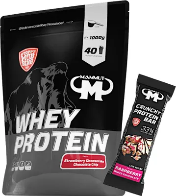 Produktbild von Mammut Nutrition - Whey Protein 1000 g Beutel - 40 Portionen Eiweiß + GRATIS Protein Bar (Raspberry White Chocolate), Geschmack: Strawberry Cheesecake Chocolate Chip