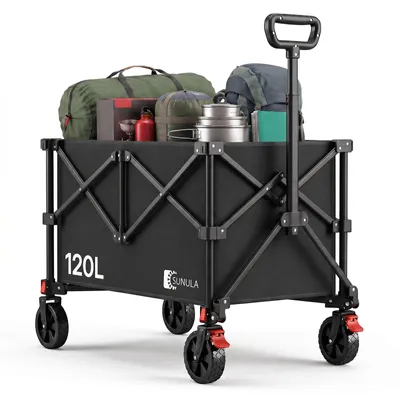 Produktbild von SUNULA Bollerwagen Faltbar 120L 80KG, 4-seitig Zusammenfaltbarer Handwagen Klappbar, Schwarz