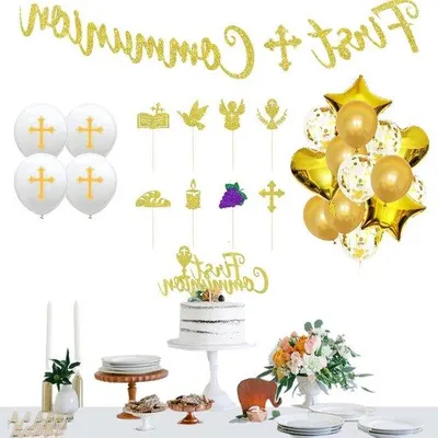 Produktbild von Kommunion- Dekorationen – Goldener Banner, Luftballons und Torte-Topper für Kommunionfest, Jungen und Mädchen