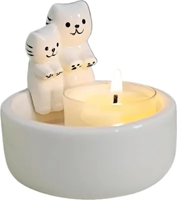 Produktbild von STILVORA Kerzenständer, Niedliche Katzen Kerzenhalter, Keramik Deko für Zuhause, Tischdeko, Wohnaccessoire, Tiermotiv, Handgefertigt, Perfektes Geschenk für Katzenliebhaber, Zwei Katzen