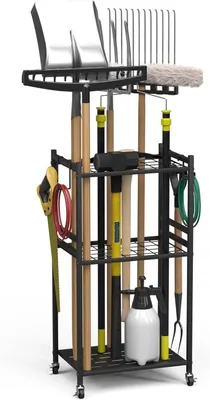 Produktbild von Gartengerätehalter 42 x 30 x 80 cm, 3 Etagen, Kohlenstoffstahl, mit Rollen, für Garage