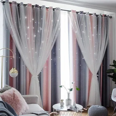 Produktbild von Famanu Vorhang Rosa Grau Glänzend mit Sternen - 250 x 100 cm, Set von 2