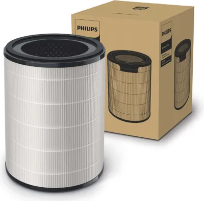 A new Philips air purifier filter is shown next to its packaging.