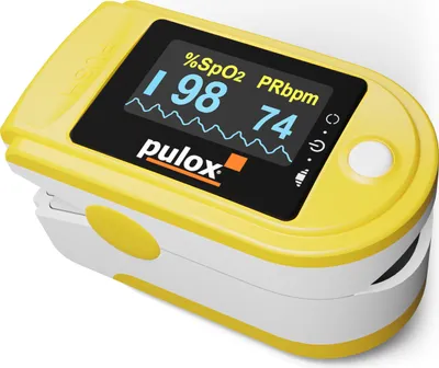 A yellow and white finger pulse oximeter is shown against a white background.