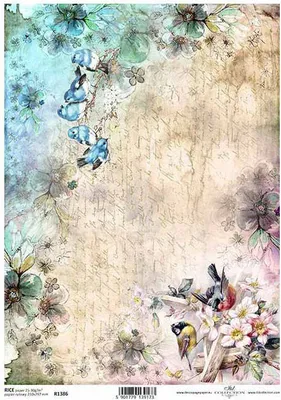 Produktbild von ITD Reispapier Decoupage Bastelpapier Softpapier, R1386 Vögel, Blumen, Handschrift