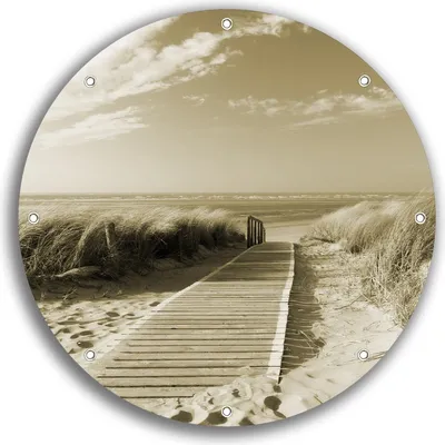 Produktbild von Wallario rundes Outdoor-Poster für Garten oder Balkon, Motiv Auf dem Holzweg zum Strand in Sepiafarben, 30 cm Durchmesser