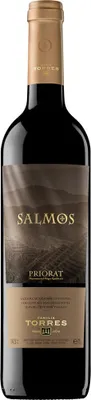 A bottle of Torres Salmos wine against a white background.