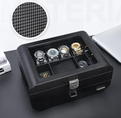 Produktbild von Seelux Uhrenbox Herren Uhren Vatertagsgeschenk Aufbewahrungsbox mit Glasdeckel, abschließbar Schmuckkästchen Uhrenkoffer für 4 Uhren und Schmuck Ringe Broschen Brille, Kunstleder, Schwarz