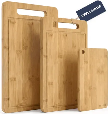 Immagine prodotto di WELLHAUS Set di 3 taglieri antiscivolo in legno XL L S – Tagliere da cucina per carne, verdura e frutta 34 x 22, 30 x 20, 20 x 15 cm