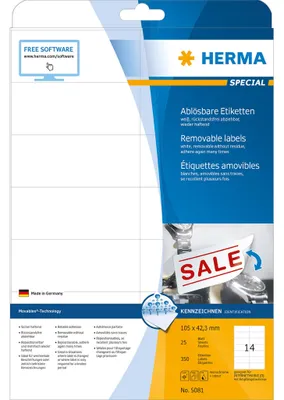 Obrázok produktu pre HERMA Special - papier - matný - samolepiaci, odstrániteľné lepidlo - biely - 105 x 42,3 mm 350 štítkov (25 listov x 14)
