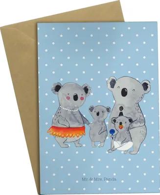 Produktbild von Mr. & Mrs. Panda Klappkarte Koala Familie - Blau Pastell - Geschenk, Mama, hochzeitskarten, weihnachtskarten, dankeskarten, Grußkarte, Family, Muttertag, einladungskarten