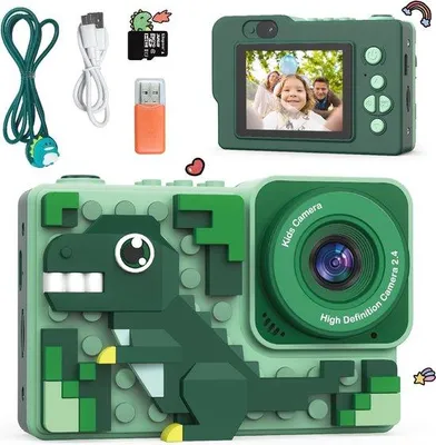 Productafbeelding van Digitale Kindercamera met Bouwstenen en Dinosaurusdesign - 1080p HD Foto en Video voor Kinderen
