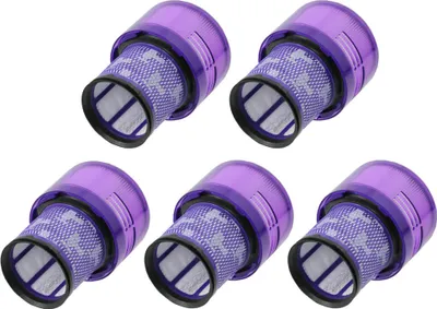 Five purple and gray vacuum cleaner filters are arranged in a staggered pattern on a white background.