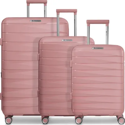 Three pink suitcases of varying sizes arranged side-by-side on a white background.
